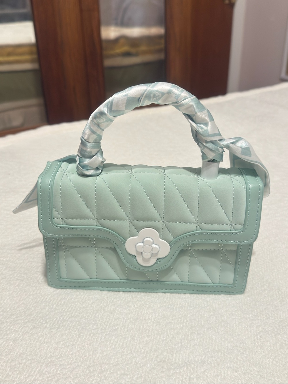 Mint Quilted Mini Top-Handle Bag with Floral Clasp - Picture 2 of 8